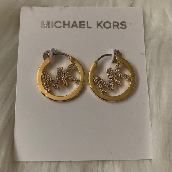 MICHAEL KORS Pave Signature Logo Hoop Earrings in Gold - Picture 2 of 3